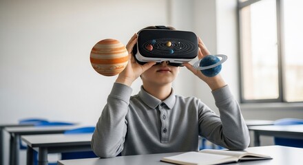 Student Exploring Solar System via Virtual Reality Headset in Classroom