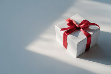 Fototapeta premium minimalistic celebration of christmas in usa featuring one small christmas gift with bright ribbon on clean