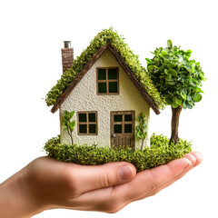 Hand holding a tiny house with green grass and trees growing around it, symbolizing eco-friendly homes