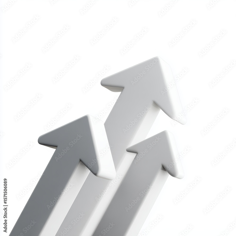 Poster a set of three abstract upward-pointing arrows in different sizes, isolated on a pure white backgrou