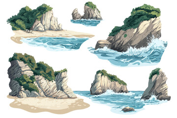 coastal biome with cliffs, sandy beaches and crashing waves, white background