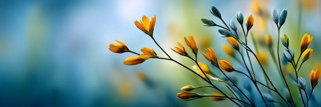 Yellow Flowers With Water Droplets Against Blue Green Blurred Background