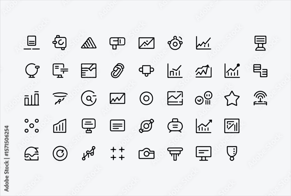 Poster collection of thin line icons representing business growth analytics technology and communication co