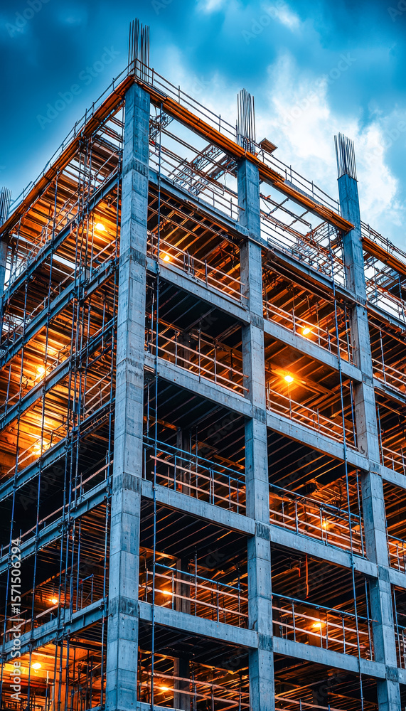 Poster modern multi-story construction site under development with illuminated framework and scaffolding