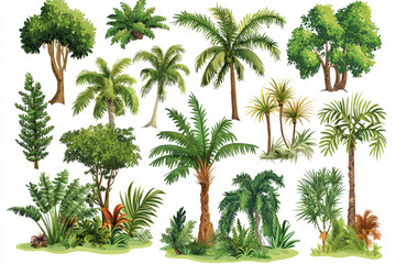 rainforest biome set, featuring dense jungle trees, tropical ferns, and exotic plants, isolated on white