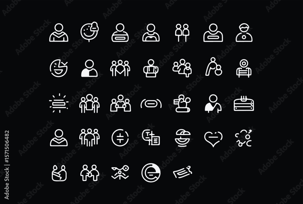 Poster collection of white line art icons representing people groups and various abstract concepts on a bla