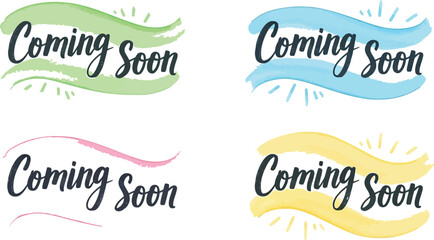 Four colorful coming soon banners with watercolor effect on a white background