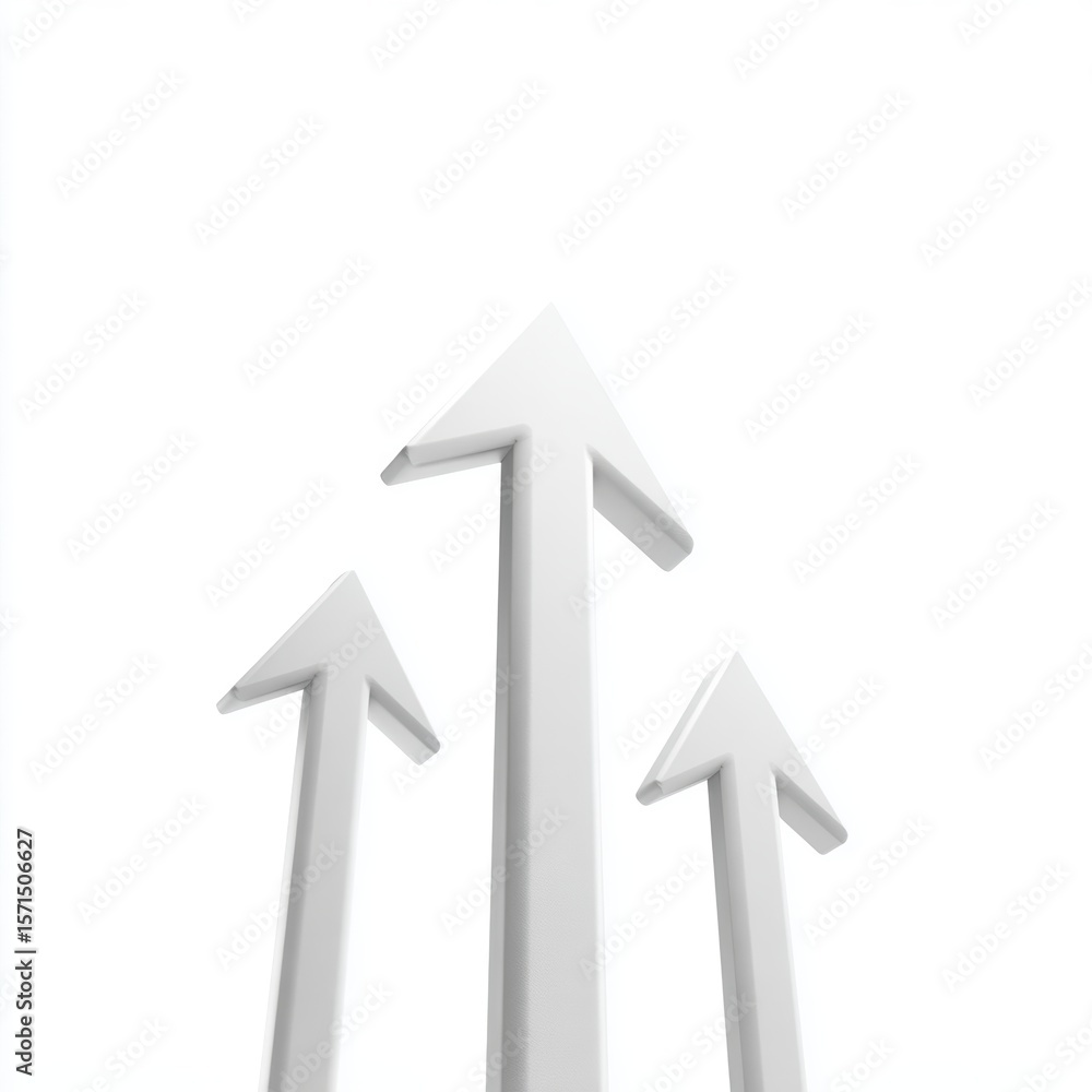 Poster a set of three abstract upward-pointing arrows in different sizes, isolated on a pure white backgrou