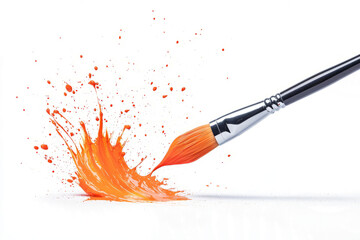 Paintbrush flicking vibrant paint splashes in a dynamic sweeping motion, isolated on white