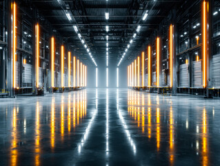 Obraz premium Futuristic warehouse with illuminated vertical light accents and reflective flooring