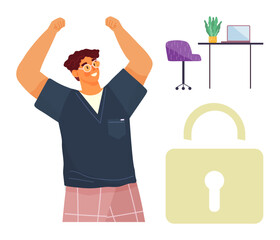 Happy man raising arms in triumph near workspace with desk, chair, laptop, plant, and large padlock for security representation. Ideal for success, productivity, security, freedom motivation