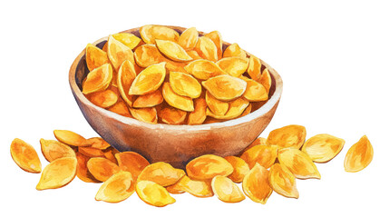 Pumpkin seeds spilling out of a bowl, watercolor, on a white background