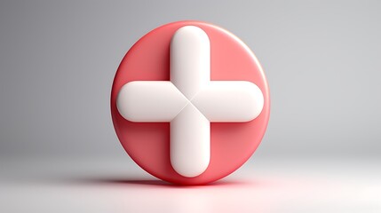 Shiny 3D Pink Circle with White Plus Sign Emblem on Neutral Background