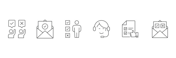 Survey icon set. Containing feedback, opinion, questionnaire, poll, research, data collection, review and satisfaction icons. Outline icon collection.