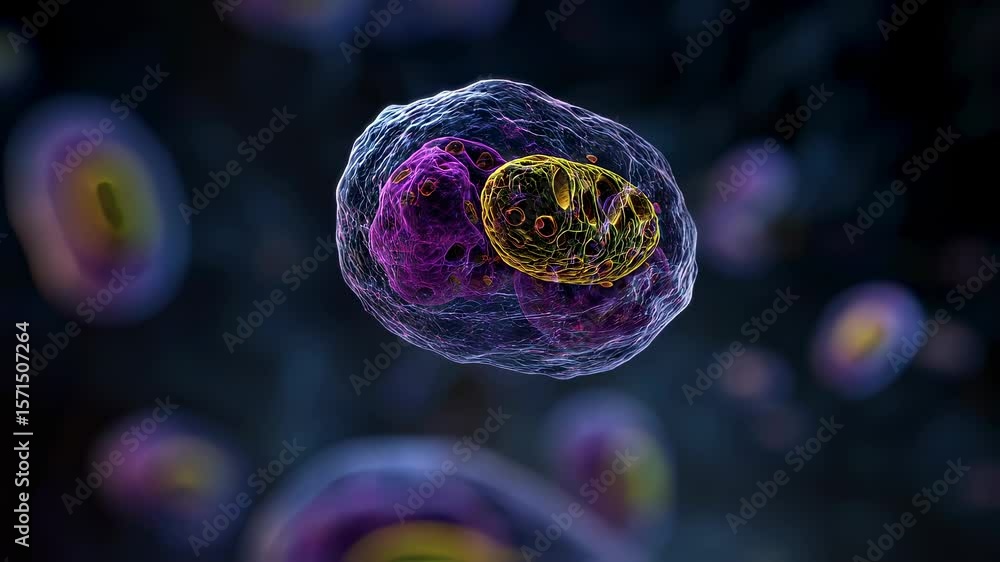 Poster dynamic and educational animation of cellular biology zooming in on mitochondria within a cell demon