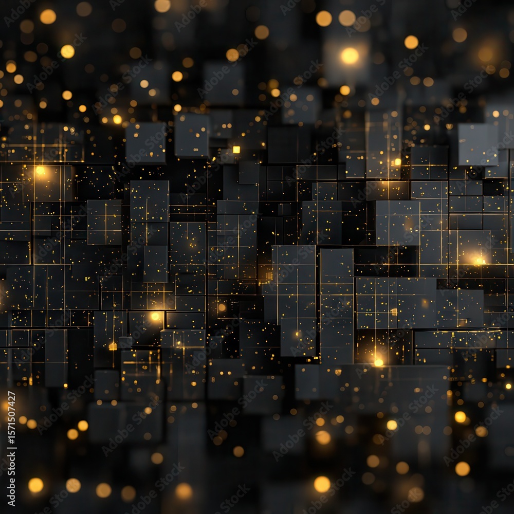 Poster dark abstract grid with golden glittering particles.