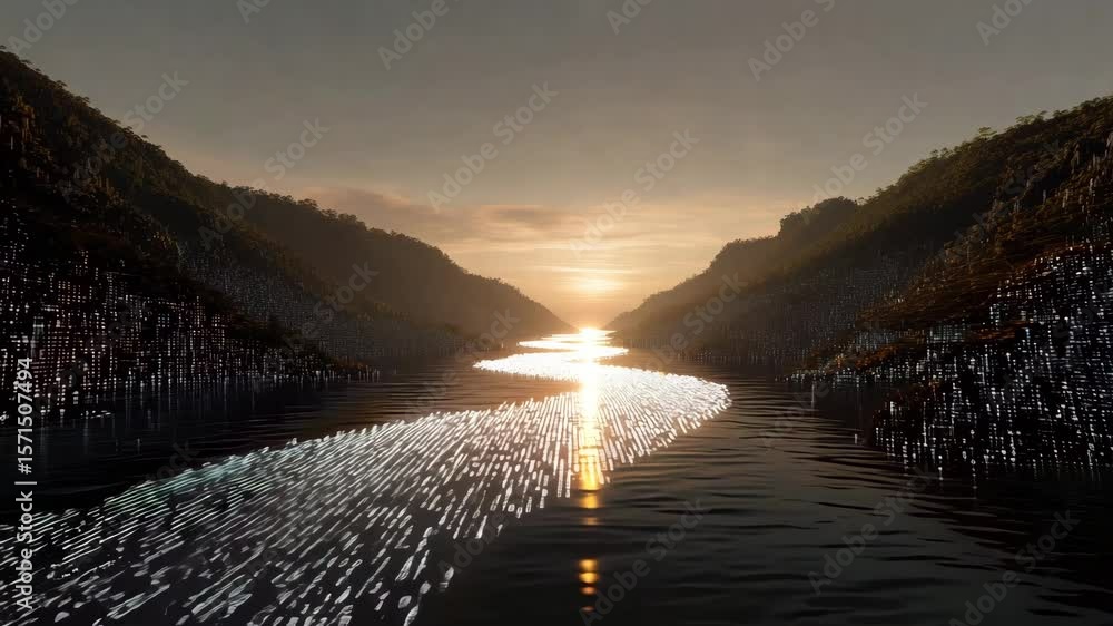 Poster a river flows between towering mountains as digital patterns dance on the waters surface during suns