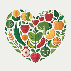 Heart Shape Composition of Fruits and Vegetables in Flat Design Style