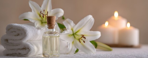 The serene bottle of essential oil amidst soothing spa essentials and flowers.