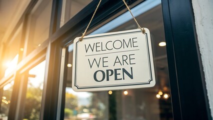 Photo of a welcoming we are open sign hangs in the window of a modern storefront bathed in warm sunlight