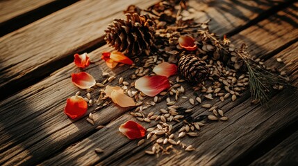 Naklejka premium Natural Decorative Elements with Pinecones and Flower Petals on Wood
