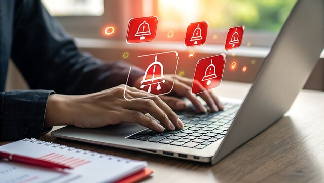 Photo of a person types on a laptop, with red notification bell icons appearing on the screen