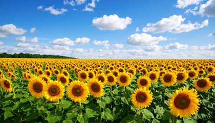 Obraz premium Sunflowers in full bloom under blue sky – energetic summer scenery/ 青空の下で満開のひまわり – 元気あふれる夏の風景