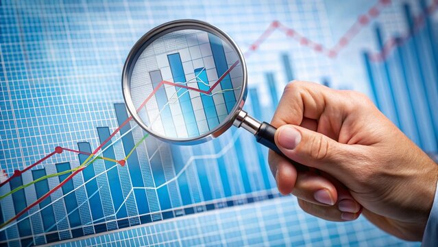 A hand holds a magnifying glass over a graph showing a downward trend, analyzing business data and market performance - Powered by Adobe