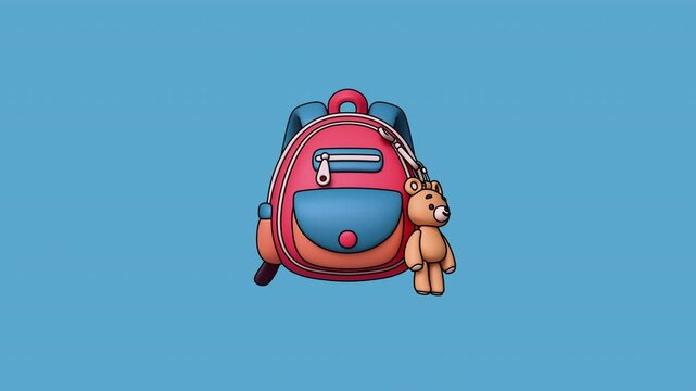 Line art animation of cute red orange school backpack with pocket, kawaii plush toy bear keychain. Back to school, education, study, preschool learning. Satchel for small children on blue background.