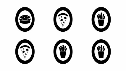 Illustration of fast food icons including burger pizza and fries inside a black circle frame design set