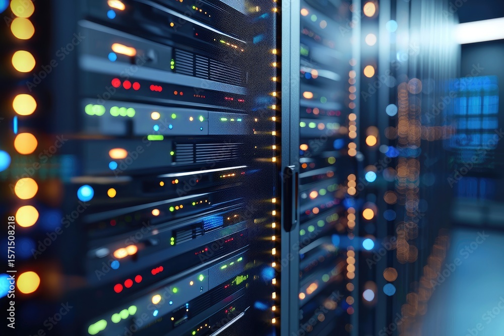 Poster High-tech server racks with multicolored indicator lights in a modern data center, representing cloud storage, digital infrastructure, and advanced computing systems