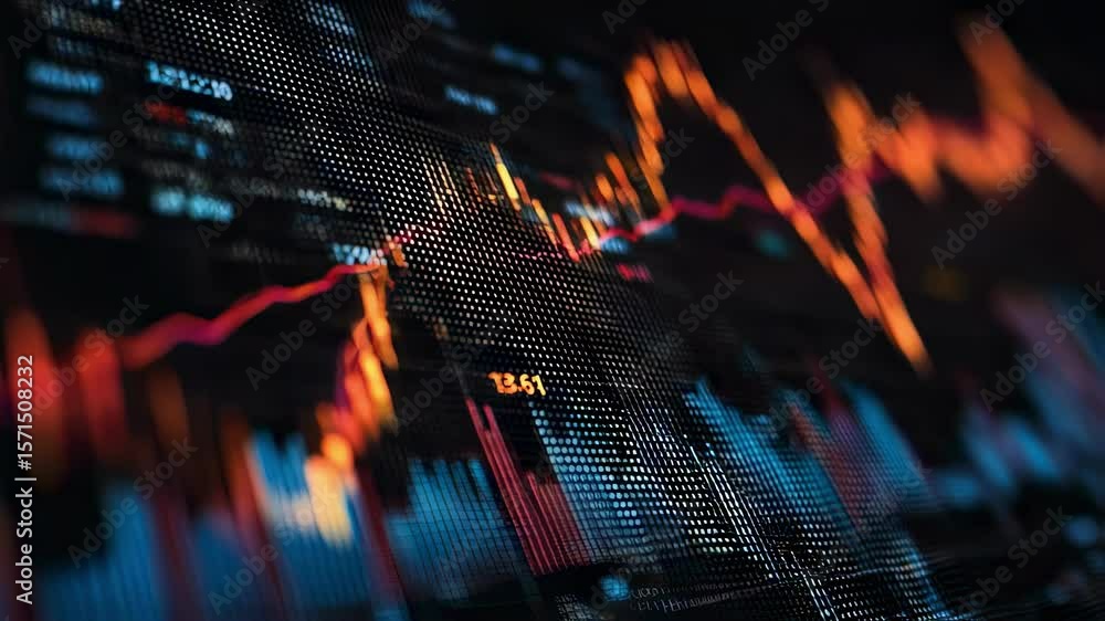 Poster colorful stock market graph displaying increasing values over time on a digital screen, representing
