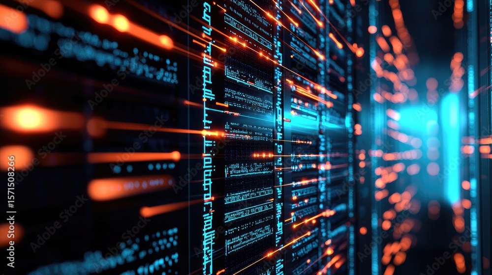 Aufkleber Orange and blue digital code flowing across futuristic server racks in a data center corridor, representing data transmission, cybersecurity, and cloud computing systems
