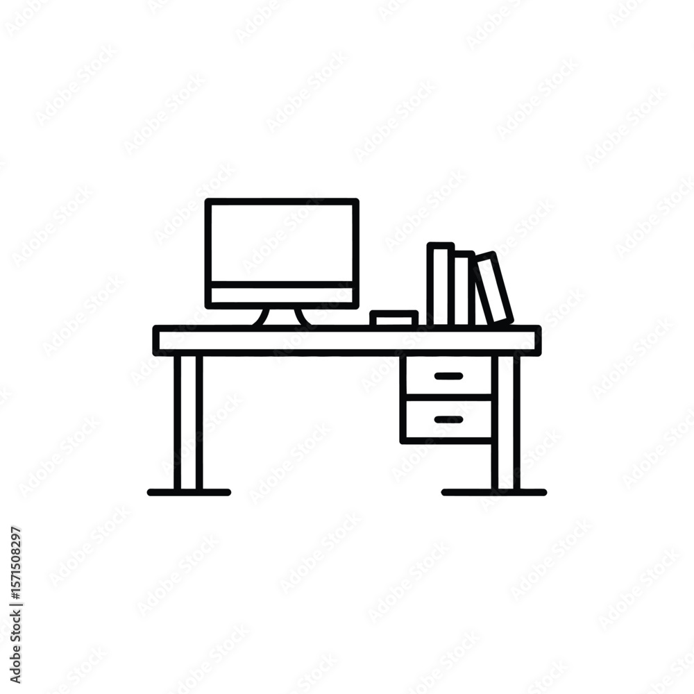 Poster simple line art illustration of a desk with a computer and books