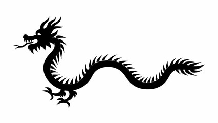 Illustration of a black silhouette of a chinese dragon with spikes on its back and tail, facing left