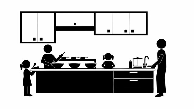 Stick figures in a kitchen with cabinets, counter, sink, bowls, and cooking utensils preparing food