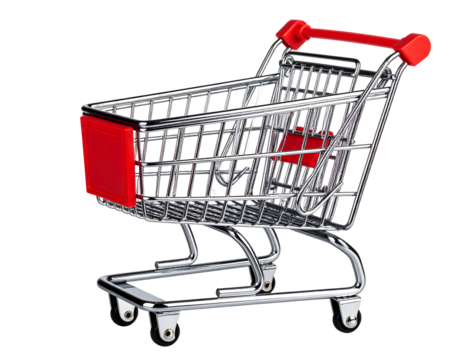 A compact miniature shopping cart with bright red details symbolizes retail and commerce