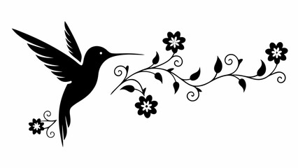 Silhouette of a hummingbird flying towards a floral branch with flowers and leaves design element