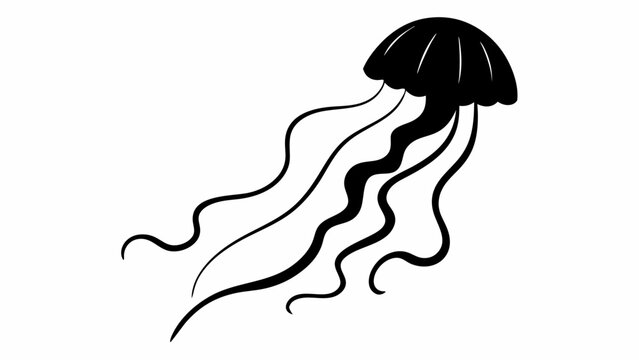 Illustration of a black jellyfish with wavy tentacles floating in the water on a white background