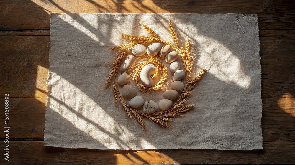 Poster natural elements displayed with shells and wheat on textile surface