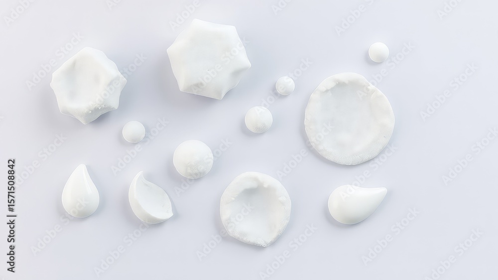 Poster assorted white geometric shapes and smooth drops on a bright, clean surface, creating a visually app
