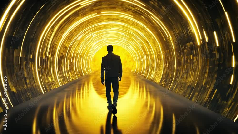Poster a man walks through a glowing tunnel filled with circular yellow lights that create a captivating at