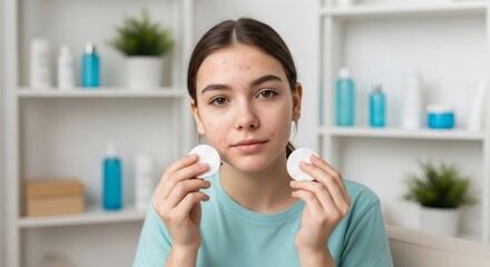 Teenage Girl Gently Applying Cotton Pads to Acne-Prone Skin