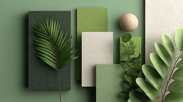 Aesthetic arrangement of textured panels and lush greenery evokes natural serenity and organic design