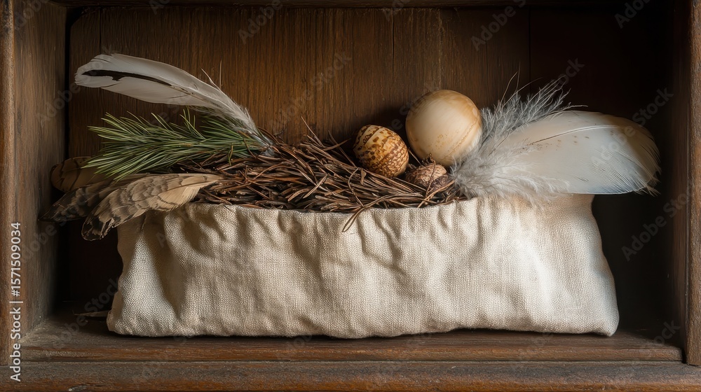 Poster natural elements nesting in a rustic wooden display shelf