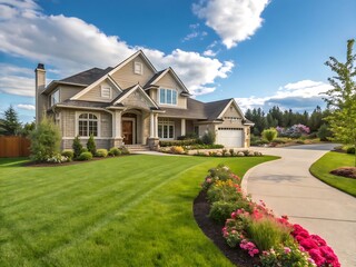 Fototapeta premium Modern house with beautiful lawn and curved driveway landscaping high resolution photo