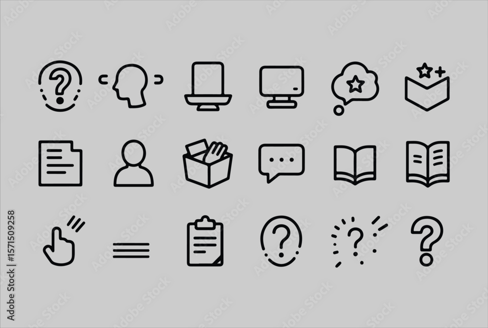 Poster collection of outline icons representing questions learning communication and information on a light
