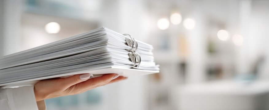 The hand holding a stack of organized documents in a modern office setting