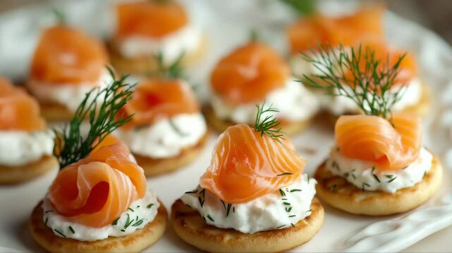 Close-up of small canapes with creamy cheese, smoked salmon slices, and fresh dill on a plate. A festive, elegant appetizer perfect for parties, highlighting savory flavor and attractive presentation.