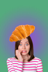Vertical banner sketch photo collage of happy girl guy hold croissant bakery puff dough nutrition...
